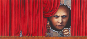 Cover art for The Houdini Box, 1991. Brian Selznick (born 1966). Acrylic paints on watercolor paper, 19 x 33 inches. © 1991 by Brian Selznick. Courtesy of the National Center for Children’s Illustrated Literature, Abilene, Texas.