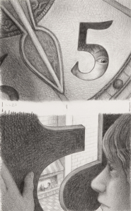 Eye peeping through the #5, inside view with Hugo looking out for the Invention of Hugo Cabret, 2007. Brian Selznick (born 1966). Pencil on watercolor paper, 11 x 8 inches. © 2007 by Brian Selznick. Courtesy of the National Center for Children’s Illustrated Literature, Abilene, Texas.