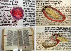 Books repaired with silk thread. Uppsala, University Library, Shelfmark unknown (14th century)
